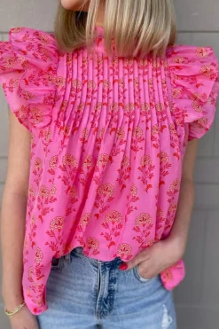 Clearance Dear-Lover Floral Print Pleated Ruffled Flutter Sleeve Blouse Rose Red