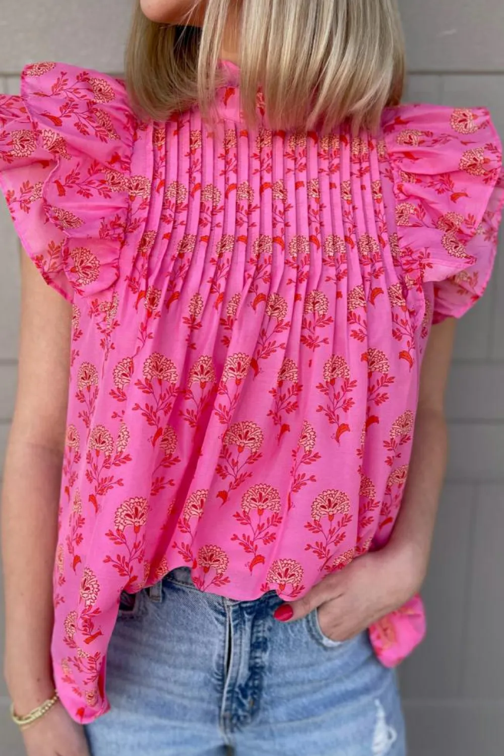 Clearance Dear-Lover Floral Print Pleated Ruffled Flutter Sleeve Blouse Rose Red