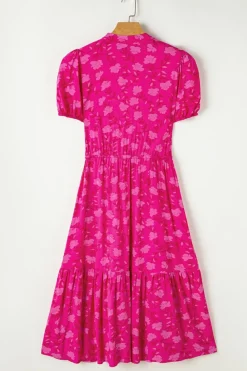 Fashion Dear-Lover Floral Print Pleated Drawstring Flowy Midi Dress Rose Red