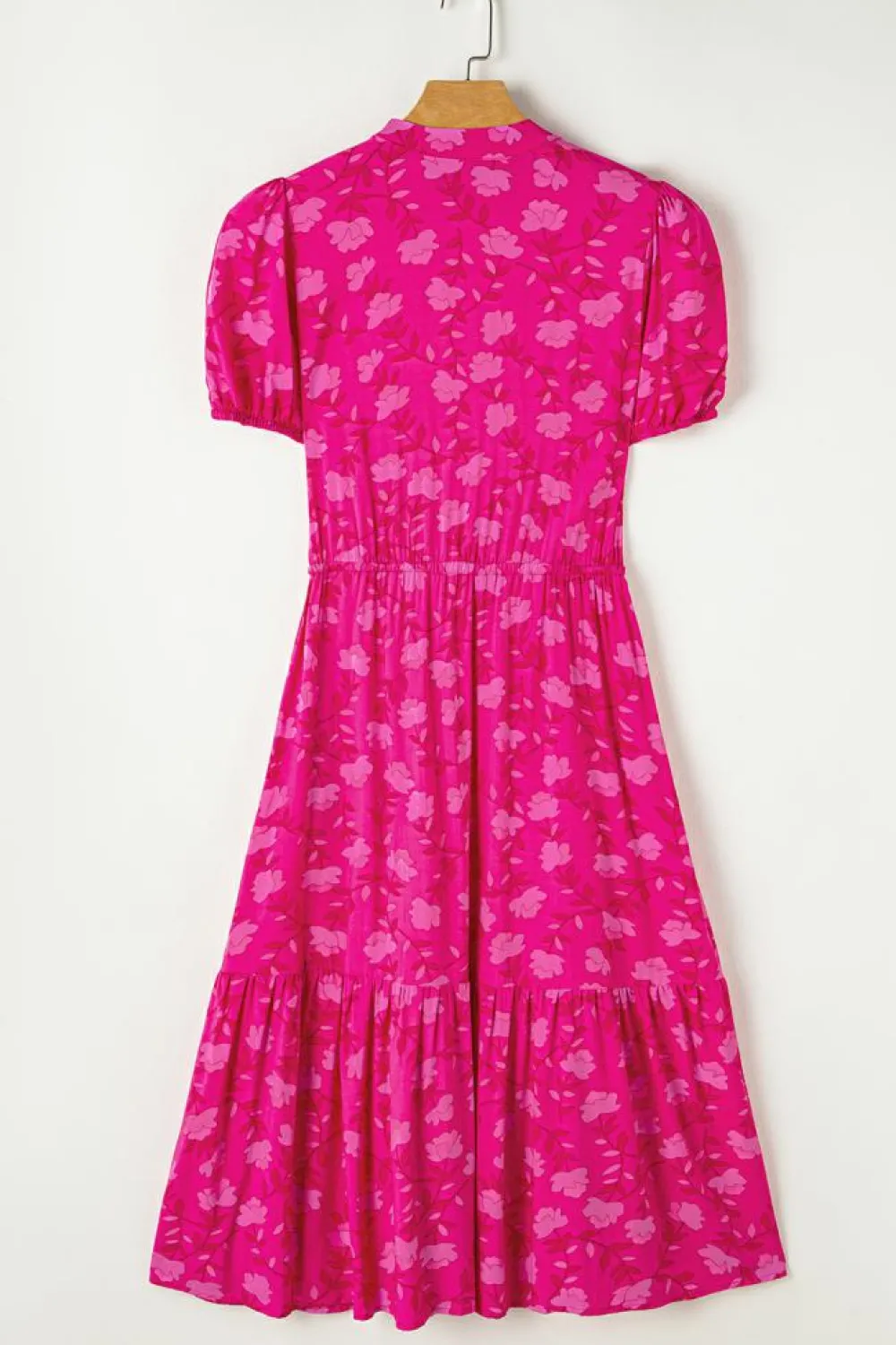 Fashion Dear-Lover Floral Print Pleated Drawstring Flowy Midi Dress Rose Red