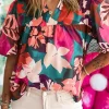 Discount Dear-Lover Floral Print Puff Sleeve Notched V Neck Blouse Rose Red