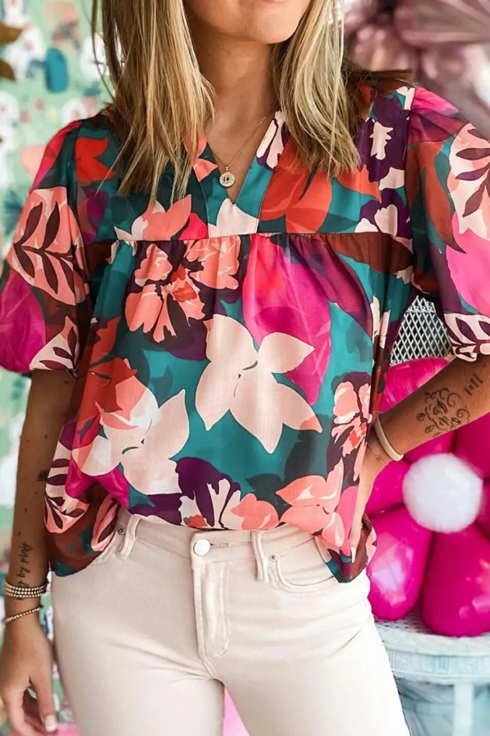 Discount Dear-Lover Floral Print Puff Sleeve Notched V Neck Blouse Rose Red
