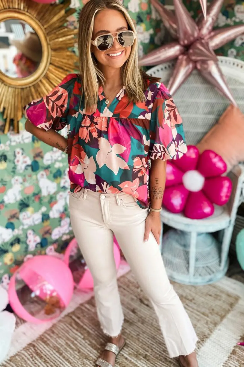 Discount Dear-Lover Floral Print Puff Sleeve Notched V Neck Blouse Rose Red