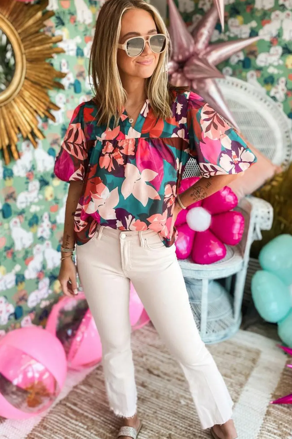 Discount Dear-Lover Floral Print Puff Sleeve Notched V Neck Blouse Rose Red