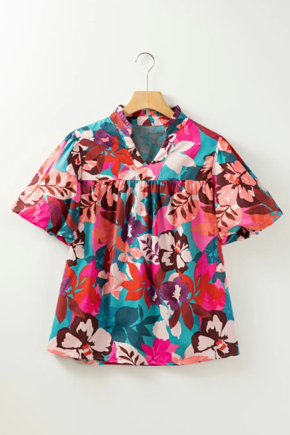 Discount Dear-Lover Floral Print Puff Sleeve Notched V Neck Blouse Rose Red
