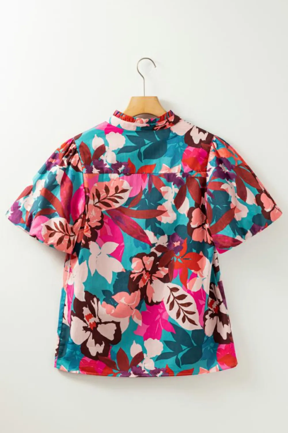 Discount Dear-Lover Floral Print Puff Sleeve Notched V Neck Blouse Rose Red