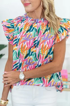 New Dear-Lover Floral Print Ruffled Flutter Sleeve Blouse Rose Red