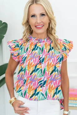 New Dear-Lover Floral Print Ruffled Flutter Sleeve Blouse Rose Red