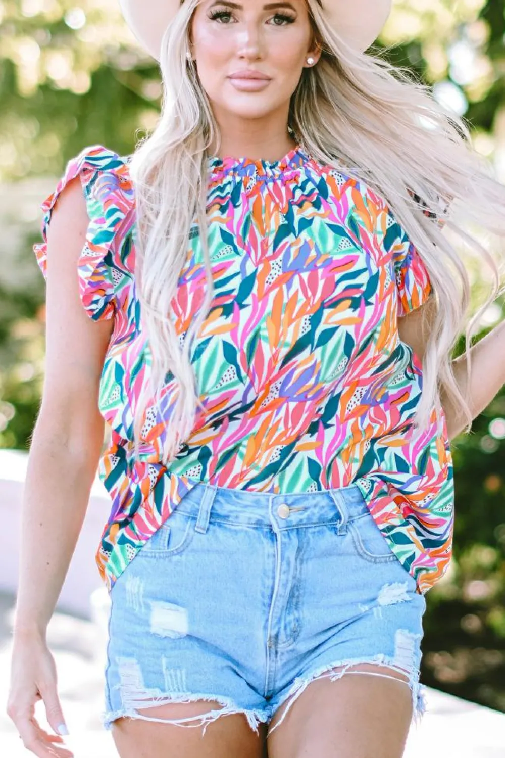 New Dear-Lover Floral Print Ruffled Flutter Sleeve Blouse Rose Red