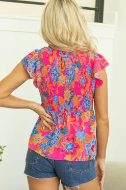 Fashion Dear-Lover Floral Print Smocked Ruffle Trim Flutter Sleeve Blouse Rose Red