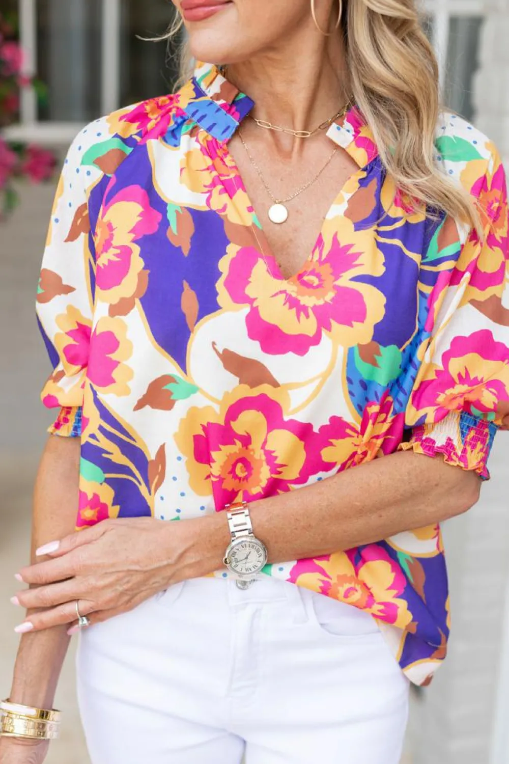 Hot Dear-Lover Floral Split Neck Frilled Bubble Sleeve Blouse Rose Red