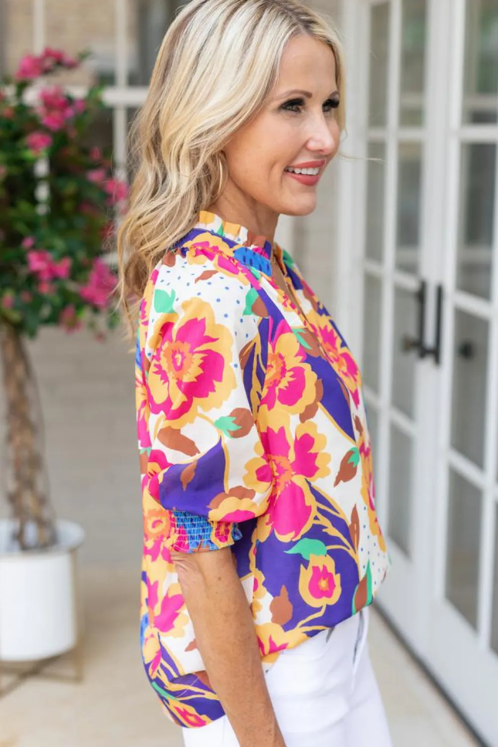 Hot Dear-Lover Floral Split Neck Frilled Bubble Sleeve Blouse Rose Red
