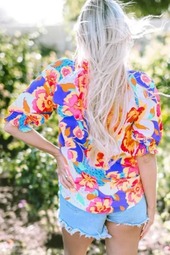 Hot Dear-Lover Floral Split Neck Frilled Bubble Sleeve Blouse Rose Red