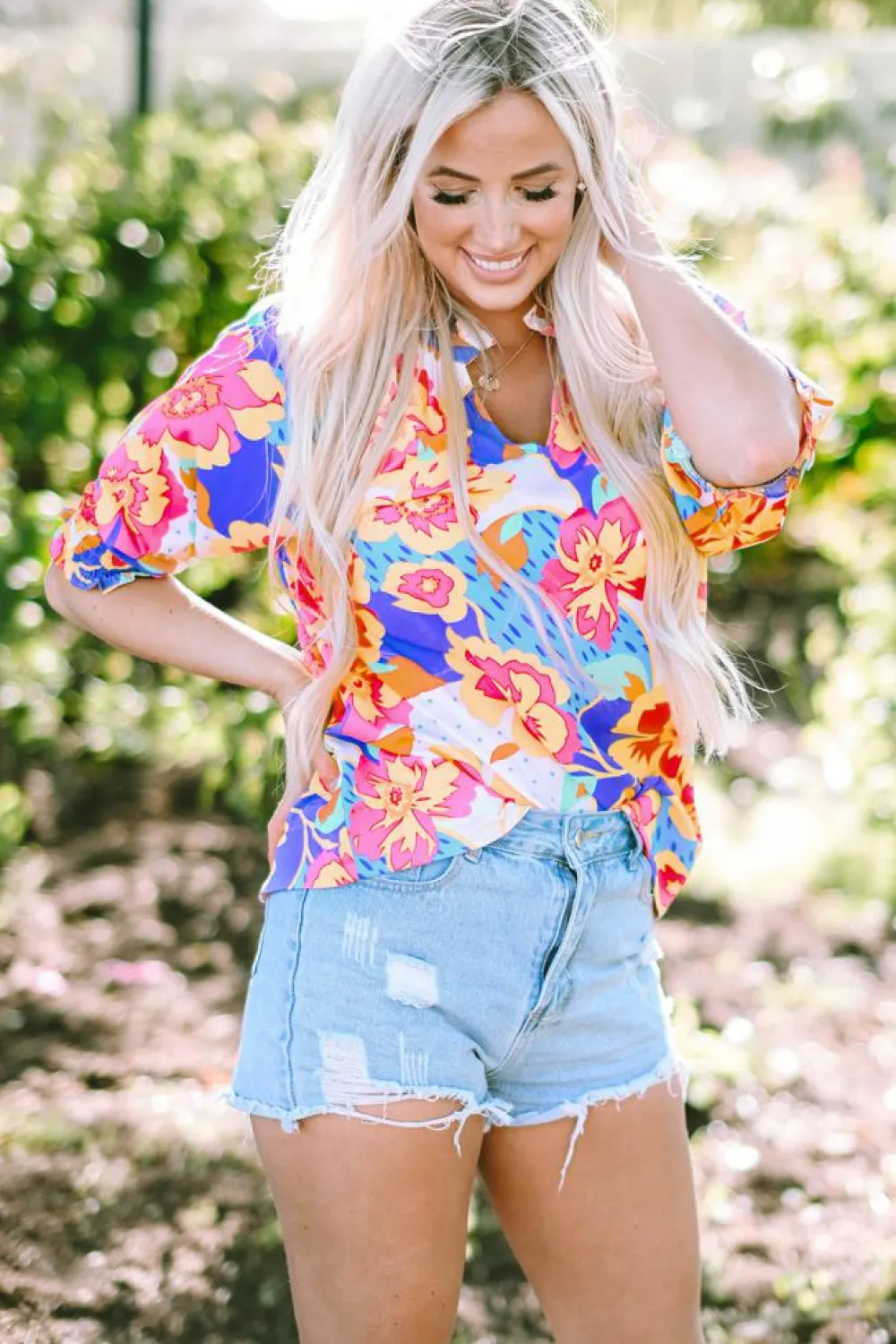 Hot Dear-Lover Floral Split Neck Frilled Bubble Sleeve Blouse Rose Red