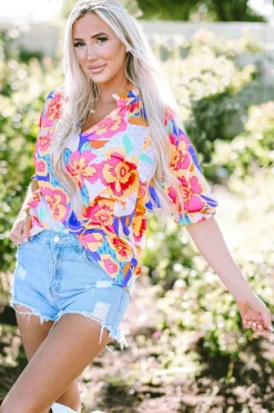 Hot Dear-Lover Floral Split Neck Frilled Bubble Sleeve Blouse Rose Red