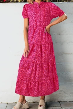 Fashion Dear-Lover Flower Mock Neck Puff Sleeve Tiered Maxi Dress Rose Red