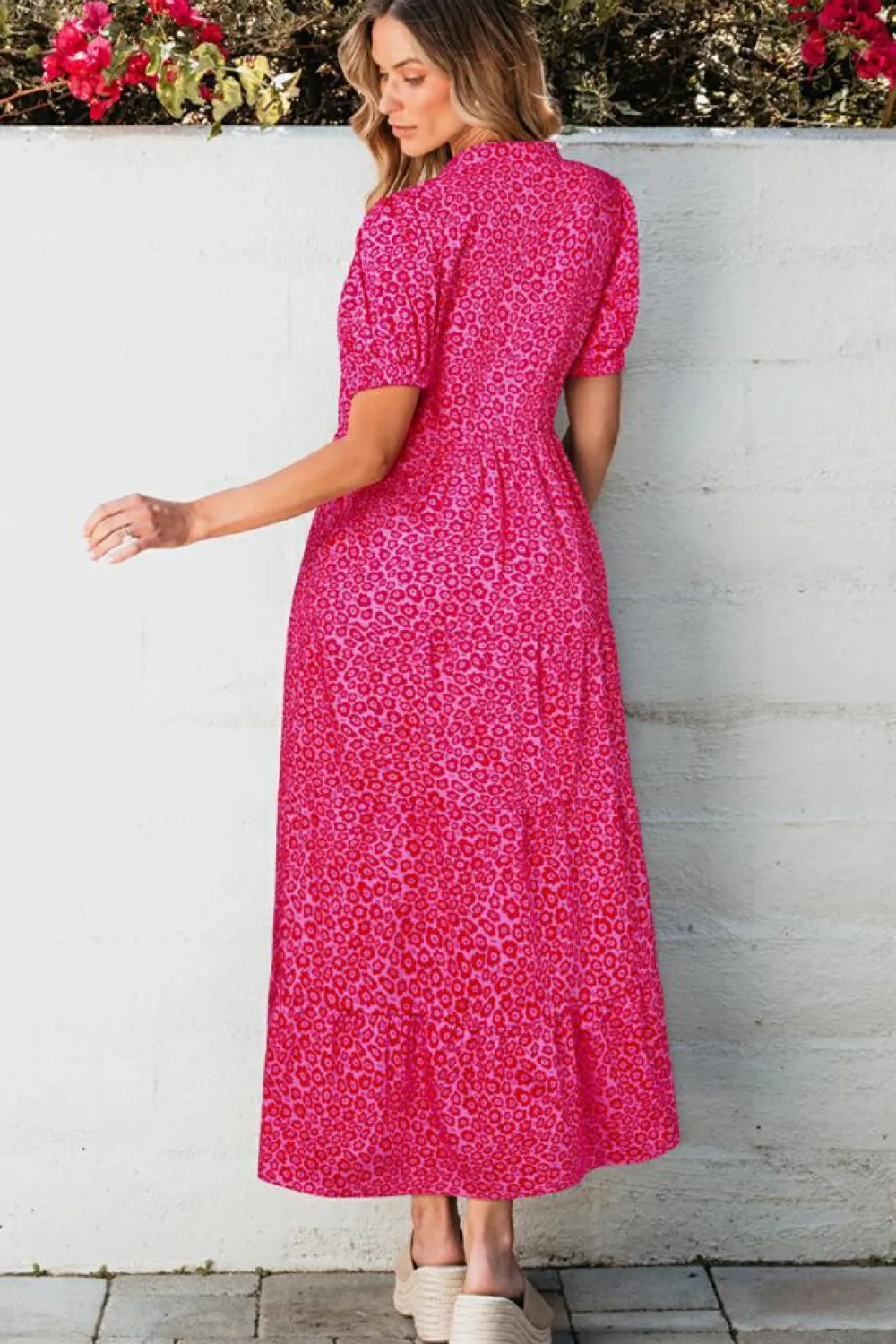 Fashion Dear-Lover Flower Mock Neck Puff Sleeve Tiered Maxi Dress Rose Red