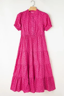 Fashion Dear-Lover Flower Mock Neck Puff Sleeve Tiered Maxi Dress Rose Red