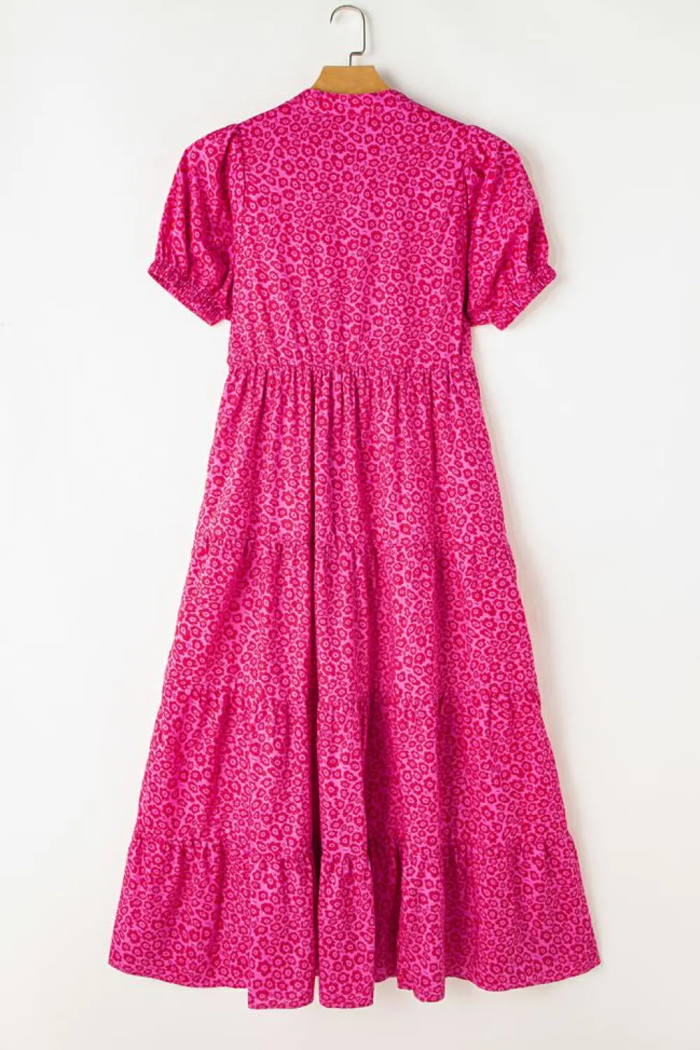 Fashion Dear-Lover Flower Mock Neck Puff Sleeve Tiered Maxi Dress Rose Red