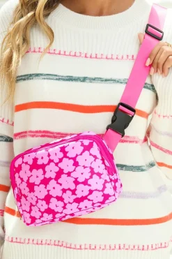 Discount Dear-Lover Flower Print Wide Belt Buckle Zipper Crossbody Bag Rose Red