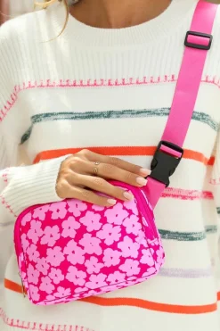 Discount Dear-Lover Flower Print Wide Belt Buckle Zipper Crossbody Bag Rose Red