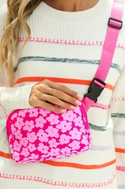 Discount Dear-Lover Flower Print Wide Belt Buckle Zipper Crossbody Bag Rose Red