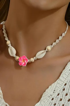 Fashion Dear-Lover Flower Seashell Braided Choker Necklace Rose Red