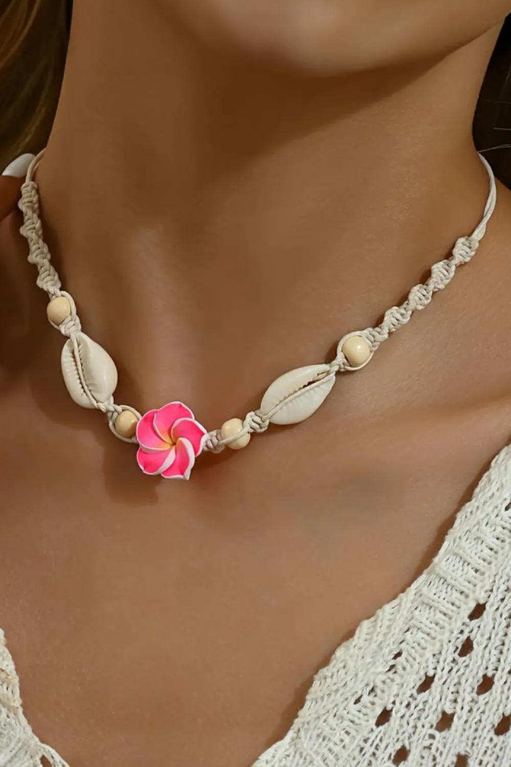 Fashion Dear-Lover Flower Seashell Braided Choker Necklace Rose Red