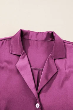 Hot Dear-Lover Fold Cuffs Short Sleeve Satin Shirt Rose Red