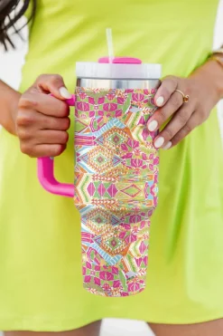 Fashion Dear-Lover Geometric Print Stainless Steel Large Vacuum Cup 40oz Rose Red