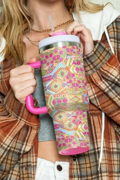Fashion Dear-Lover Geometric Print Stainless Steel Large Vacuum Cup 40oz Rose Red