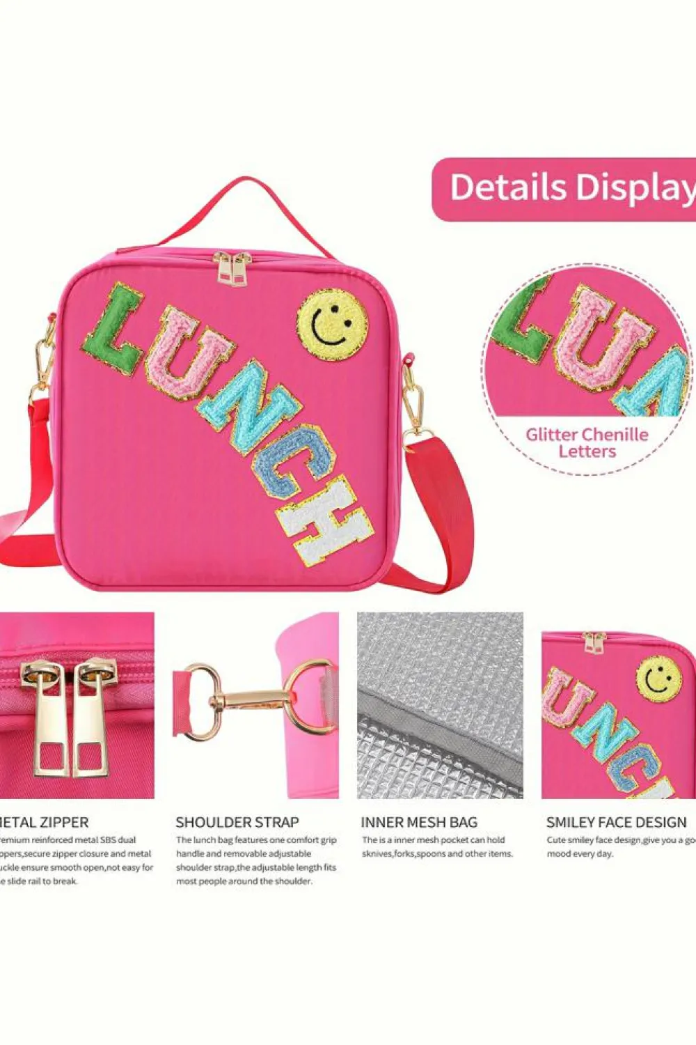 Best Dear-Lover Glitter Chenille Zipper Detachable Strap Insulated Bag Rose Red