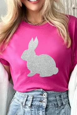 Outlet Dear-Lover Glitter Easter Bunny Graphic Crew Neck Tee Rose Red