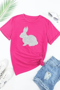Outlet Dear-Lover Glitter Easter Bunny Graphic Crew Neck Tee Rose Red