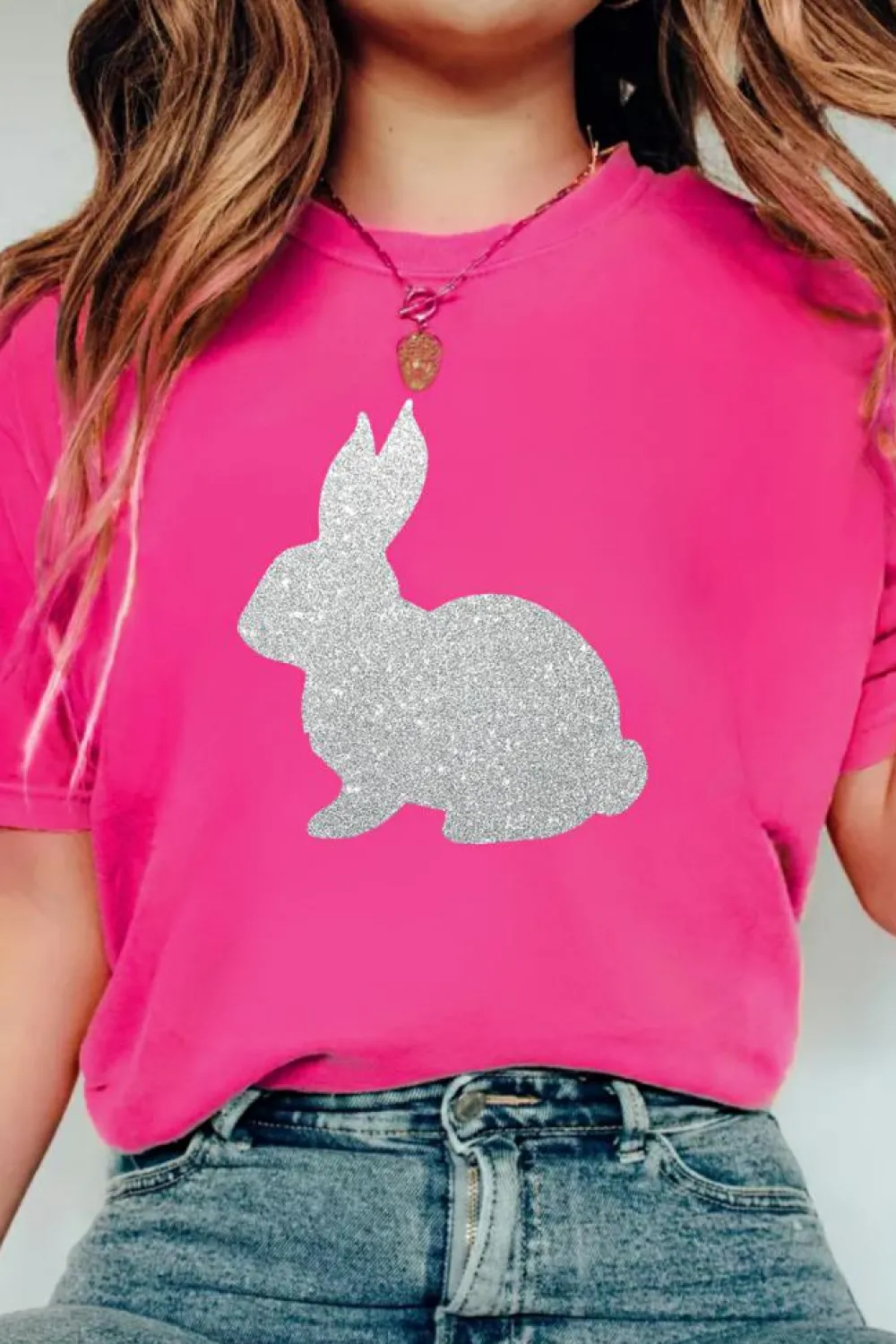 Outlet Dear-Lover Glitter Easter Bunny Graphic Crew Neck Tee Rose Red