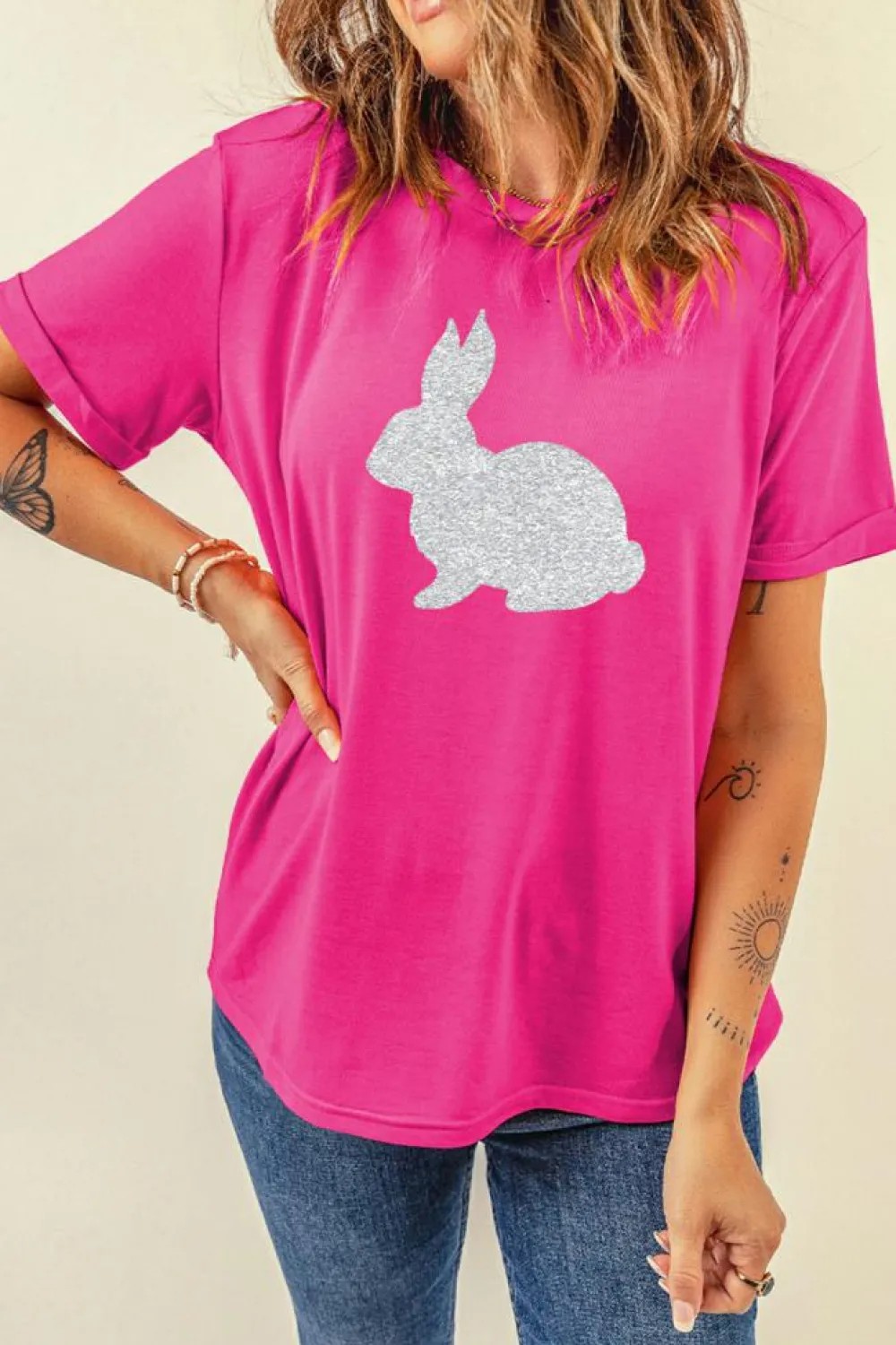 Outlet Dear-Lover Glitter Easter Bunny Graphic Crew Neck Tee Rose Red