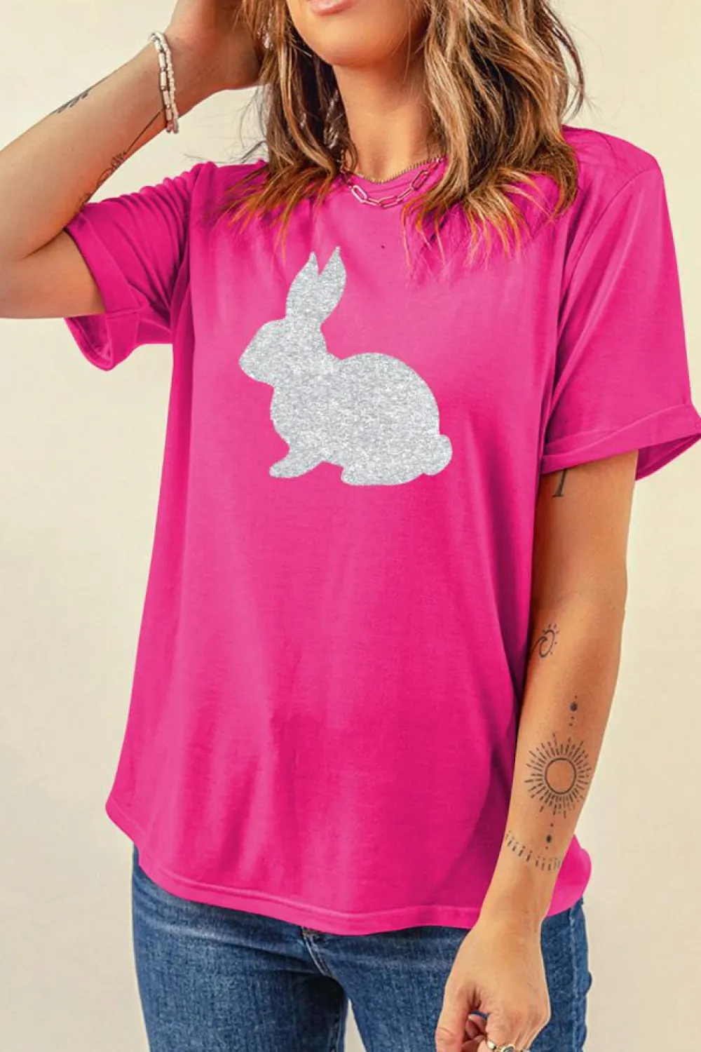 Outlet Dear-Lover Glitter Easter Bunny Graphic Crew Neck Tee Rose Red