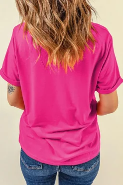 New Dear-Lover Glitter he is risen Cross Printed Crewneck Tee Rose Red