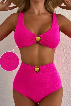 Clearance Dear-Lover Gold Shell Decor Wire-free Knotted 2pcs Bikini Swimsuit Rose Red