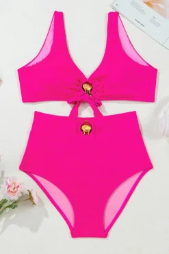Clearance Dear-Lover Gold Shell Decor Wire-free Knotted 2pcs Bikini Swimsuit Rose Red