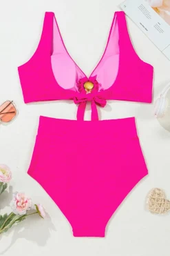 Clearance Dear-Lover Gold Shell Decor Wire-free Knotted 2pcs Bikini Swimsuit Rose Red