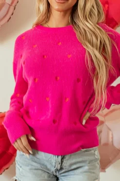 New Dear-Lover Heart Shape Drop Shoulder Round Neck Sweater Rose Red