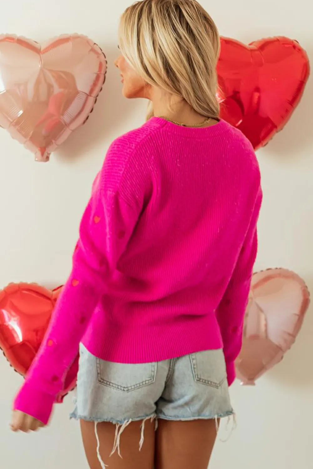 New Dear-Lover Heart Shape Drop Shoulder Round Neck Sweater Rose Red