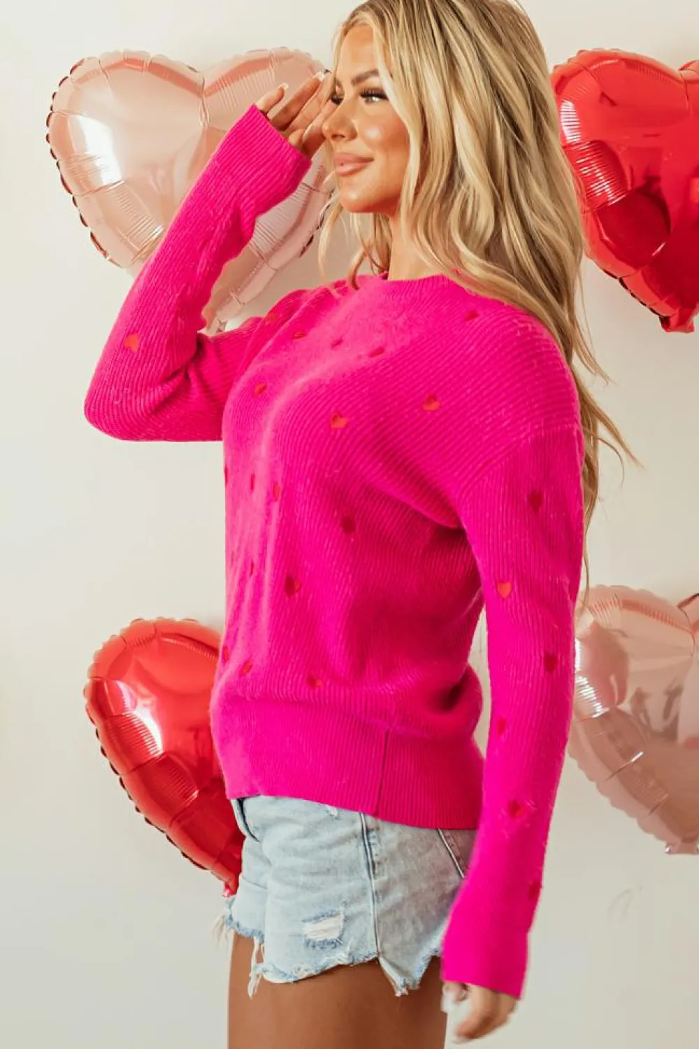 New Dear-Lover Heart Shape Drop Shoulder Round Neck Sweater Rose Red