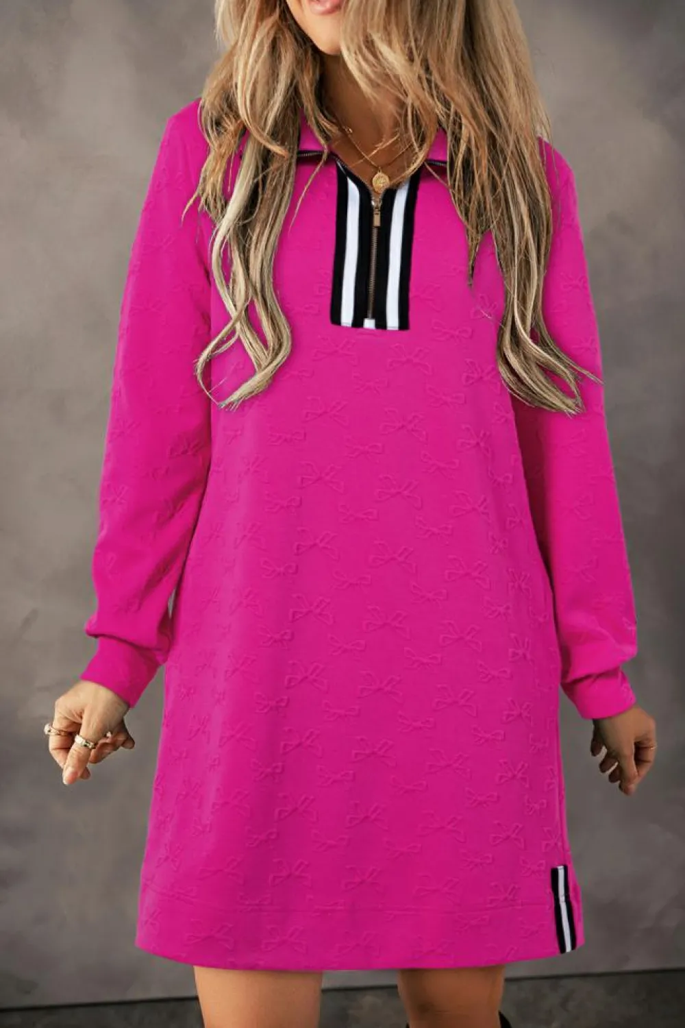 New Dear-Lover Jacquard Textured Quarter Zipper Shift Mini Dress Rose Red