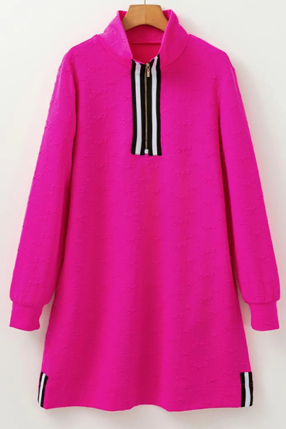 New Dear-Lover Jacquard Textured Quarter Zipper Shift Mini Dress Rose Red