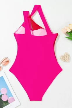 Clearance Dear-Lover Knotted One Shoulder Two Tones Backless One Piece Swimsuit Rose Red