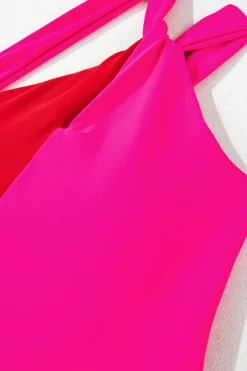 Clearance Dear-Lover Knotted One Shoulder Two Tones Backless One Piece Swimsuit Rose Red