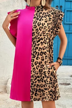Online Dear-Lover Leopard Contrast Patchwork Ruffled Sleeve Short Shift Dress Rose Red