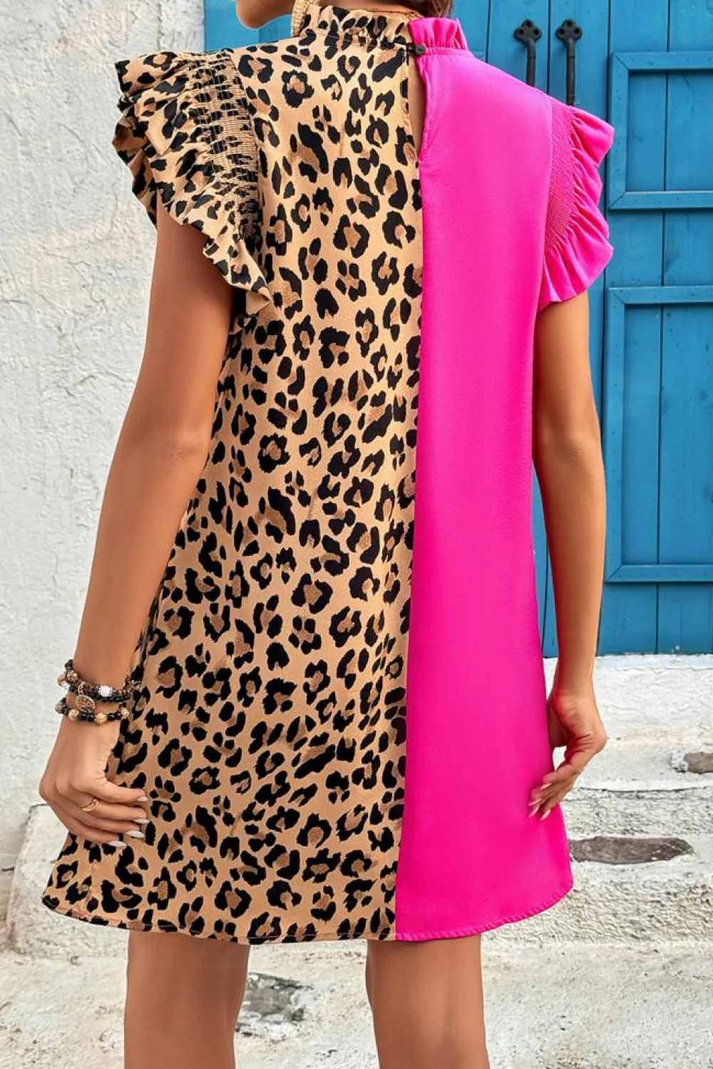 Online Dear-Lover Leopard Contrast Patchwork Ruffled Sleeve Short Shift Dress Rose Red